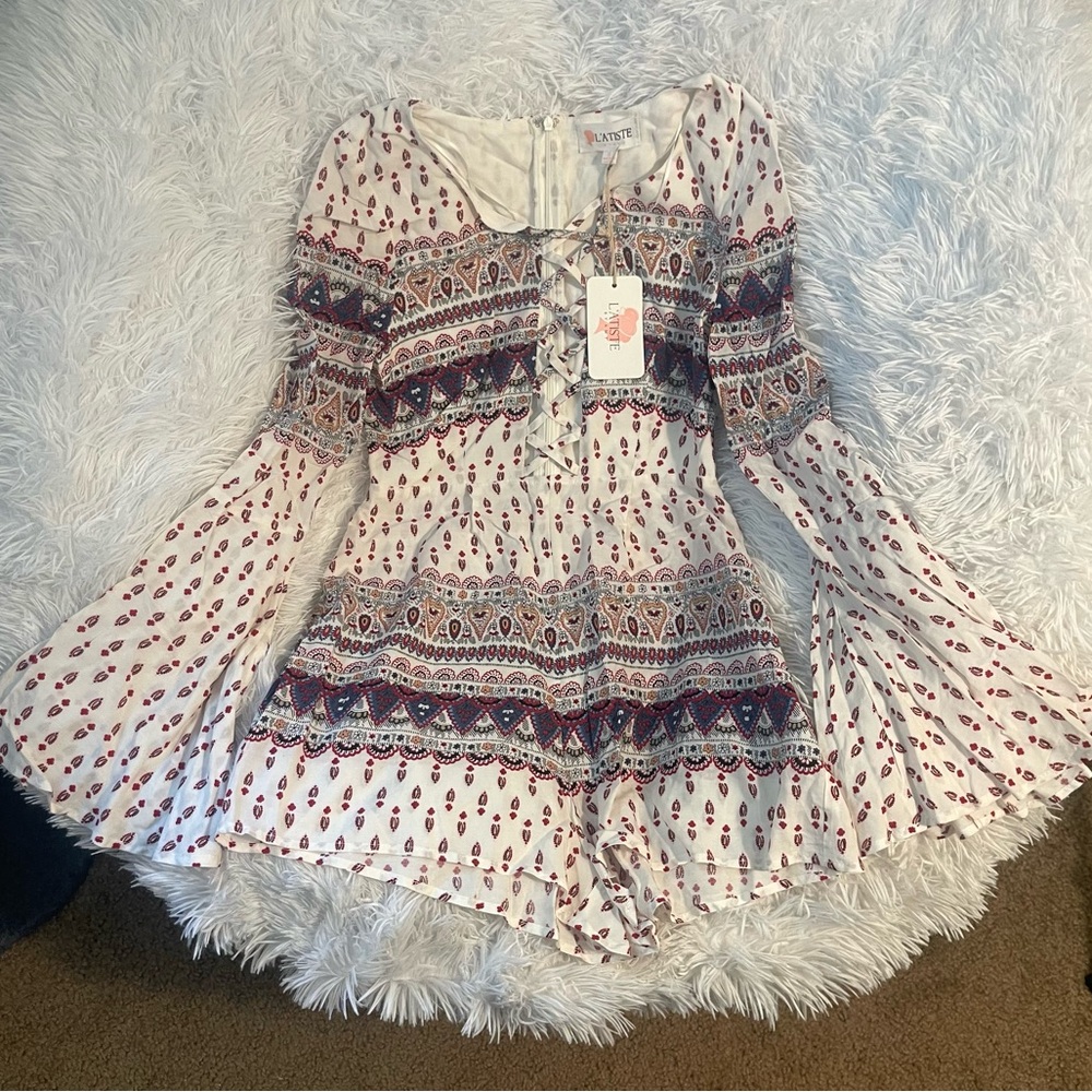 Bohemian festival flared sleeves deep neckline cross strap summer romper